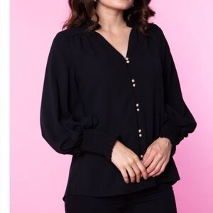 Crosby by Mollie Burch Black blouse pearlized buttons size XL